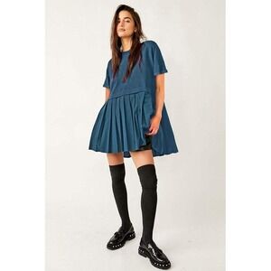 Womens Teal Blue Pleated Babydoll Mini Dress Short Sleeve XL NEW